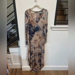 Tie Dye Brown and Blue Maxi Long Sleeved Thermal Dress